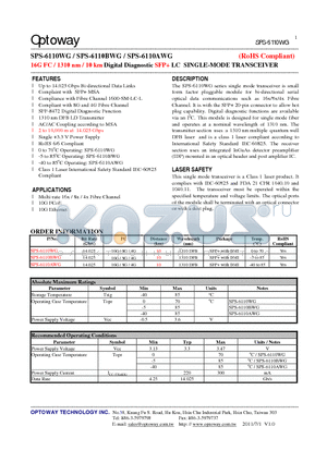 SPS-6110WG datasheet - 16G FC / 1310 nm / 10 km Digital Diagnostic SFP LC SINGLE-MODE TRANSCEIVER