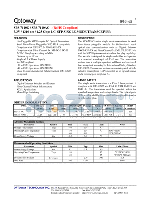 SPS-7110AG datasheet - 3.3V / 1310 nm / 1.25 Gbps LC SFP SINGLE-MODE TRANSCEIVER