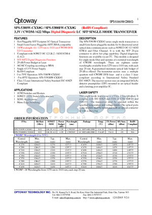 SPS-5380W-CXX0G datasheet - 3.3V / CWDM / 622 Mbps Digital Diagnostic LC SFP SINGLE-MODE TRANSCEIVER