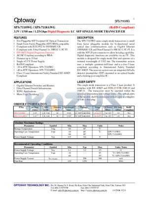 SPS-7110AWG datasheet - 3.3V / 1310 nm / 1.25 Gbps Digital Diagnostic LC SFP SINGLE-MODE TRANSCEIVER
