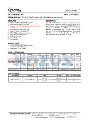 SPS-7110VW-1RG datasheet - 1260 to 1620 nm / 1.5 Gb/s Single Optical SM Digital Diagnostic Receiver