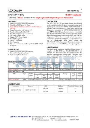 SPS-7110VW-1TG datasheet - 1310 nm / 1.5 Gb/s Medium Power Single Optical SMDigital Diagnostic Transmitter