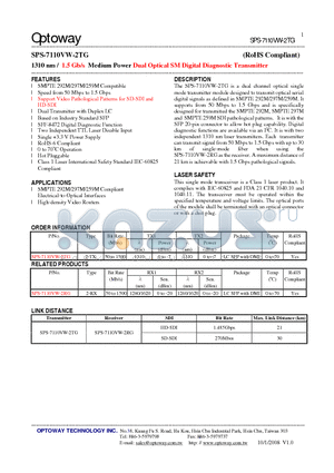 SPS-7110VW-2TG datasheet - 1310 nm / 1.5 Gb/s Medium Power Dual Optical SM Digital Diagnostic Transmitter