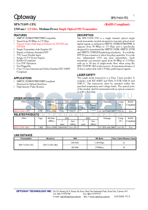 SPS-7110V-1TG datasheet - 1310 nm / 1.5 Gb/s Medium Power Single Optical SMTransmitter