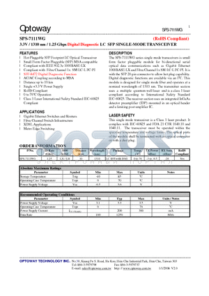 SPS-7111WG_08 datasheet - 3.3V / 1310 nm / 1.25 Gbps Digital Diagnostic LC SFP SINGLE-MODE TRANSCEIVER