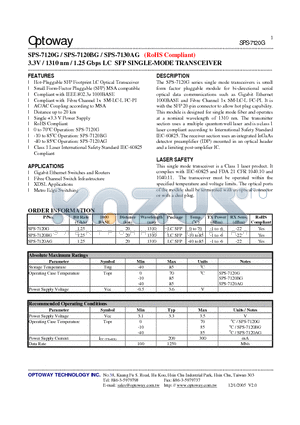 SPS-7120AG datasheet - 3.3V / 1310 nm / 1.25 Gbps LC SFP SINGLE-MODE TRANSCEIVER