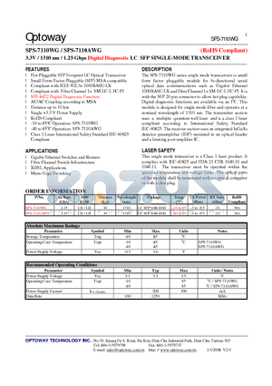 SPS-7110WG_08 datasheet - 3.3V / 1310 nm / 1.25 Gbps Digital Diagnostic LC SFP SINGLE-MODE TRANSCEIVER