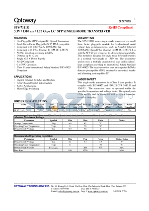 SPS-7111G_08 datasheet - 3.3V / 1310 nm / 1.25 Gbps LC SFP SINGLE-MODE TRANSCEIVER
