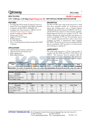 SPS-7111WG datasheet - 3.3V / 1310 nm / 1.25 Gbps Digital Diagnostic LC SFP SINGLE-MODE TRANSCEIVER