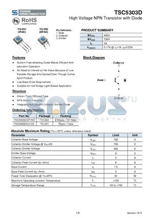 TSC5303DCPRO datasheet - High Voltage NPN Transistor with Diode