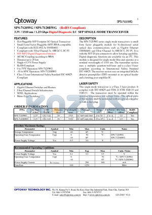 SPS-7120BWG datasheet - 3.3V / 1310 nm / 1.25 Gbps Digital Diagnostic LC SFP SINGLE-MODE TRANSCEIVER