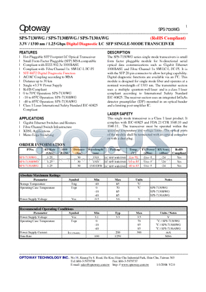 SPS-7130BWG datasheet - 3.3V / 1310 nm / 1.25 Gbps Digital Diagnostic LC SFP SINGLE-MODE TRANSCEIVER