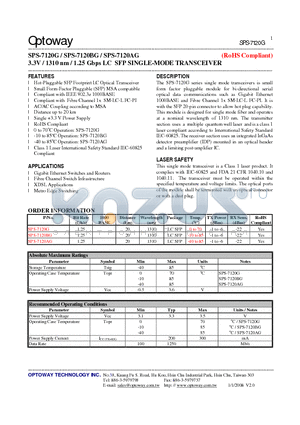 SPS-7120G datasheet - 3.3V / 1310 nm / 1.25 Gbps LC SFP SINGLE-MODE TRANSCEIVER