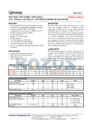 SPS-7120G_08 datasheet - 3.3V / 1310 nm / 1.25 Gbps LC SFP SINGLE-MODE TRANSCEIVER