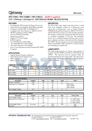 SPS-7140BG datasheet - 3.3V / 1310 nm / 1.25 Gbps LC SFP SINGLE-MODE TRANSCEIVER