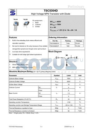 TSC5304DCP datasheet - High Voltage NPN Transistor with Diode