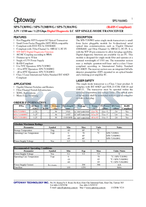 SPS-7130AWG datasheet - 3.3V / 1310 nm / 1.25 Gbps Digital Diagnostic LC SFP SINGLE-MODE TRANSCEIVER