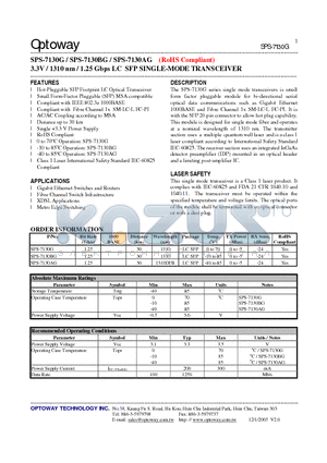 SPS-7130BG datasheet - 3.3V / 1310 nm / 1.25 Gbps LC SFP SINGLE-MODE TRANSCEIVER