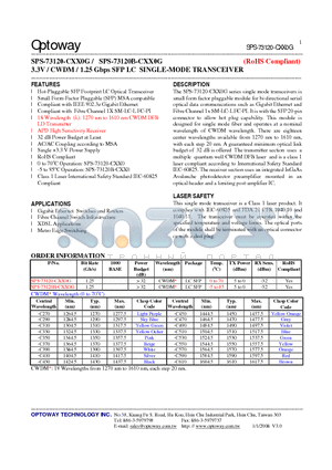 SPS-73120-CXX0G_08 datasheet - 3.3V / CWDM / 1.25 Gbps SFP LC SINGLE-MODE TRANSCEIVER