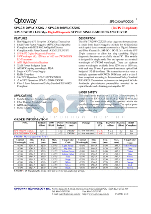 SPS-73120BW-CXX0G datasheet - 3.3V / CWDM/ 1.25 Gbps Digital Diagnostic SFP LC SINGLE-MODE TRANSCEIVER