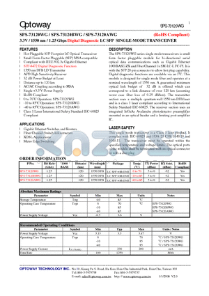 SPS-73120AWG datasheet - 3.3V / 1550 nm / 1.25 Gbps Digital Diagnostic LC SFP SINGLE-MODE TRANSCEIVER