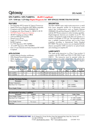 SPS-7140WG datasheet - 3.3V / 1310 nm / 1.25 Gbps Digital Diagnostic LC SFP SINGLE-MODE TRANSCEIVER