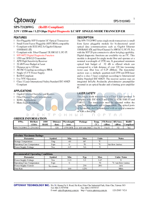 SPS-73120WG datasheet - 3.3V / 1550 nm / 1.25 Gbps Digital Diagnostic LC SFP SINGLE-MODE TRANSCEIVER