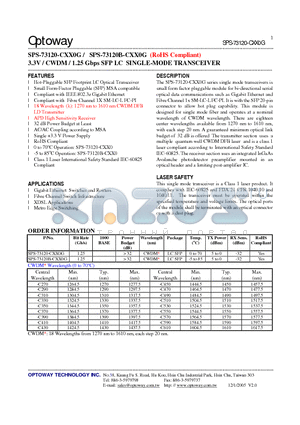 SPS-73120-CXX0G datasheet - 3.3V / CWDM / 1.25 Gbps SFP LC SINGLE-MODE TRANSCEIVER