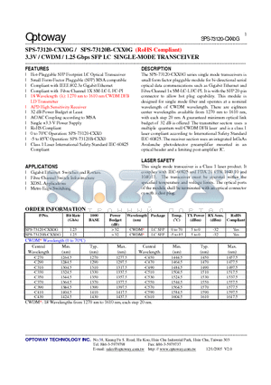SPS-73120B-CXX0G datasheet - 3.3V / CWDM / 1.25 Gbps SFP LC SINGLE-MODE TRANSCEIVER