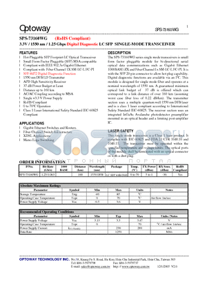 SPS-73160WG datasheet - 3.3V / 1550 nm / 1.25 Gbps Digital Diagnostic LC SFP SINGLE-MODE TRANSCEIVER