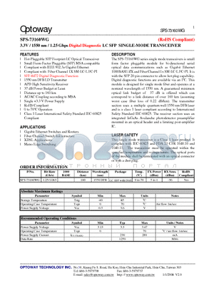 SPS-73160WG_08 datasheet - 3.3V / 1550 nm / 1.25 Gbps Digital Diagnostic LC SFP SINGLE-MODE TRANSCEIVER
