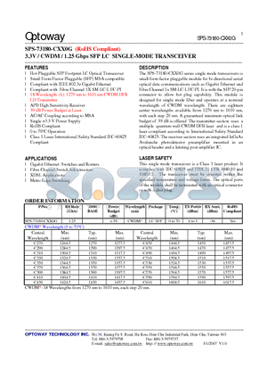 SPS-73180-CXX0G datasheet - 3.3V / CWDM / 1.25 Gbps SFP LC SINGLE-MODE TRANSCEIVER