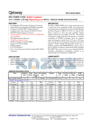 SPS-73180W-CXX0G datasheet - 3.3V / CWDM / 1.25 Gbps Digital Diagnostic SFP LC SINGLE-MODE TRANSCEIVER