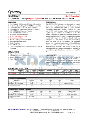 SPS-73200WG datasheet - 3.3V / 1550 nm / 1.25 Gbps Digital Diagnostic LC SFP SINGLE-MODE TRANSCEIVER