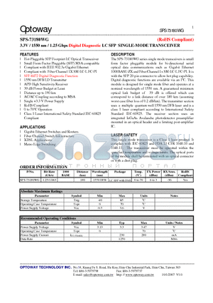 SPS-73180WG datasheet - 3.3V / 1550 nm / 1.25 Gbps Digital Diagnostic LC SFP SINGLE-MODE TRANSCEIVER