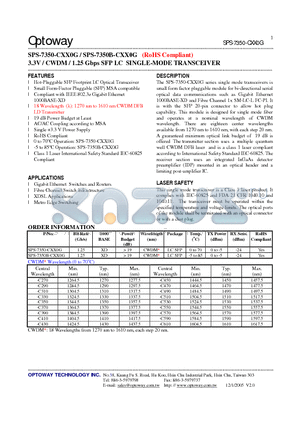 SPS-7350-CXX0G datasheet - 3.3V / CWDM / 1.25 Gbps SFP LC SINGLE-MODE TRANSCEIVER