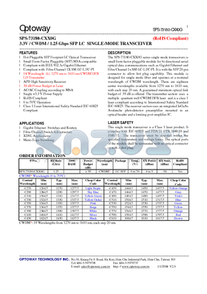 SPS-73180-CXX0G_08 datasheet - 3.3V / CWDM / 1.25 Gbps SFP LC SINGLE-MODE TRANSCEIVER