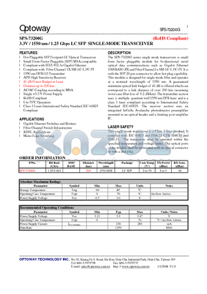 SPS-73200G datasheet - 3.3V / 1550 nm / 1.25 Gbps LC SFP SINGLE-MODE TRANSCEIVER