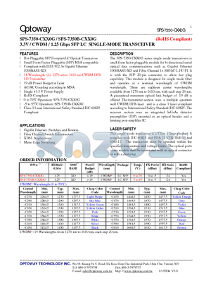 SPS-7350-CXX0G datasheet - 3.3V / CWDM / 1.25 Gbps SFP LC SINGLE-MODE TRANSCEIVER