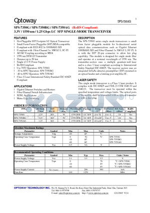 SPS-7350BG datasheet - 3.3V / 1550 nm / 1.25 Gbps LC SFP SINGLE-MODE TRANSCEIVER