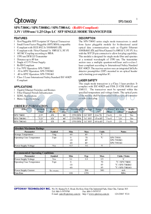 SPS-7380AG datasheet - 3.3V / 1550 nm / 1.25 Gbps LC SFP SINGLE-MODE TRANSCEIVER