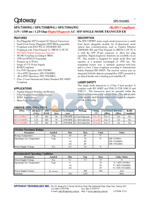 SPS-7350WG datasheet - 3.3V / 1550 nm / 1.25 Gbps Digital Diagnostic LC SFP SINGLE-MODE TRANSCEIVER