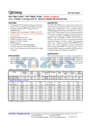 SPS-7380-CXX0G datasheet - 3.3V / CWDM / 1.25 Gbps SFP LC SINGLE-MODE TRANSCEIVER