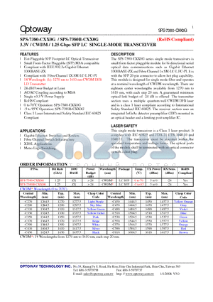 SPS-7380-CXX0G_08 datasheet - 3.3V / CWDM / 1.25 Gbps SFP LC SINGLE-MODE TRANSCEIVER