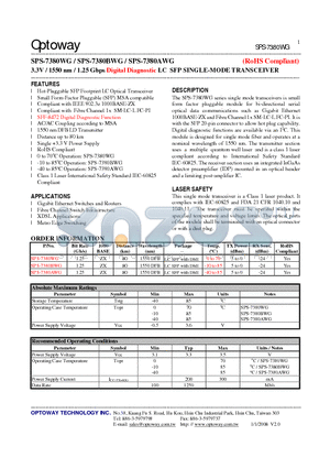 SPS-7380BWG datasheet - 3.3V / 1550 nm / 1.25 Gbps Digital Diagnostic LC SFP SINGLE-MODE TRANSCEIVER