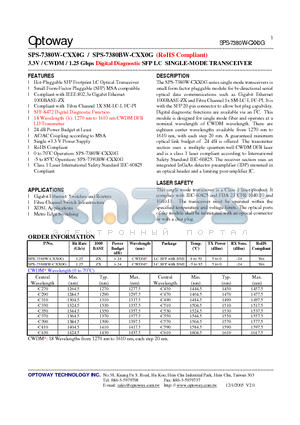 SPS-7380W-CXX0G datasheet - 3.3V / CWDM / 1.25 Gbps Digital Diagnostic SFP LC SINGLE-MODE TRANSCEIVER