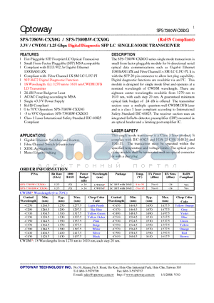 SPS-7380W-CXX0G_08 datasheet - 3.3V / CWDM/ 1.25 Gbps Digital Diagnostic SFP LC SINGLE-MODE TRANSCEIVER