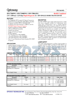 SPS-7380WG_08 datasheet - 3.3V / 1550 nm / 1.25 Gbps Digital Diagnostic LC SFP SINGLE-MODE TRANSCEIVER