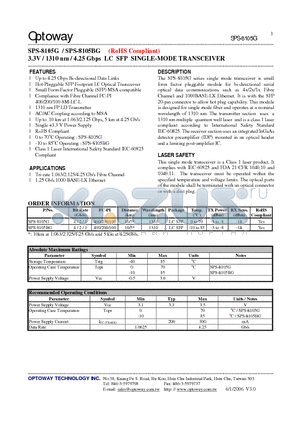 SPS-8105BG datasheet - 3.3V / 1310 nm / 4.25 Gbps LC SFP SINGLE-MODE TRANSCEIVER
