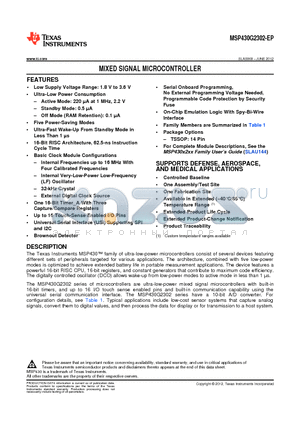 MSP430G2302IPW1EP datasheet - MIXED SIGNAL MICROCONTROLLER